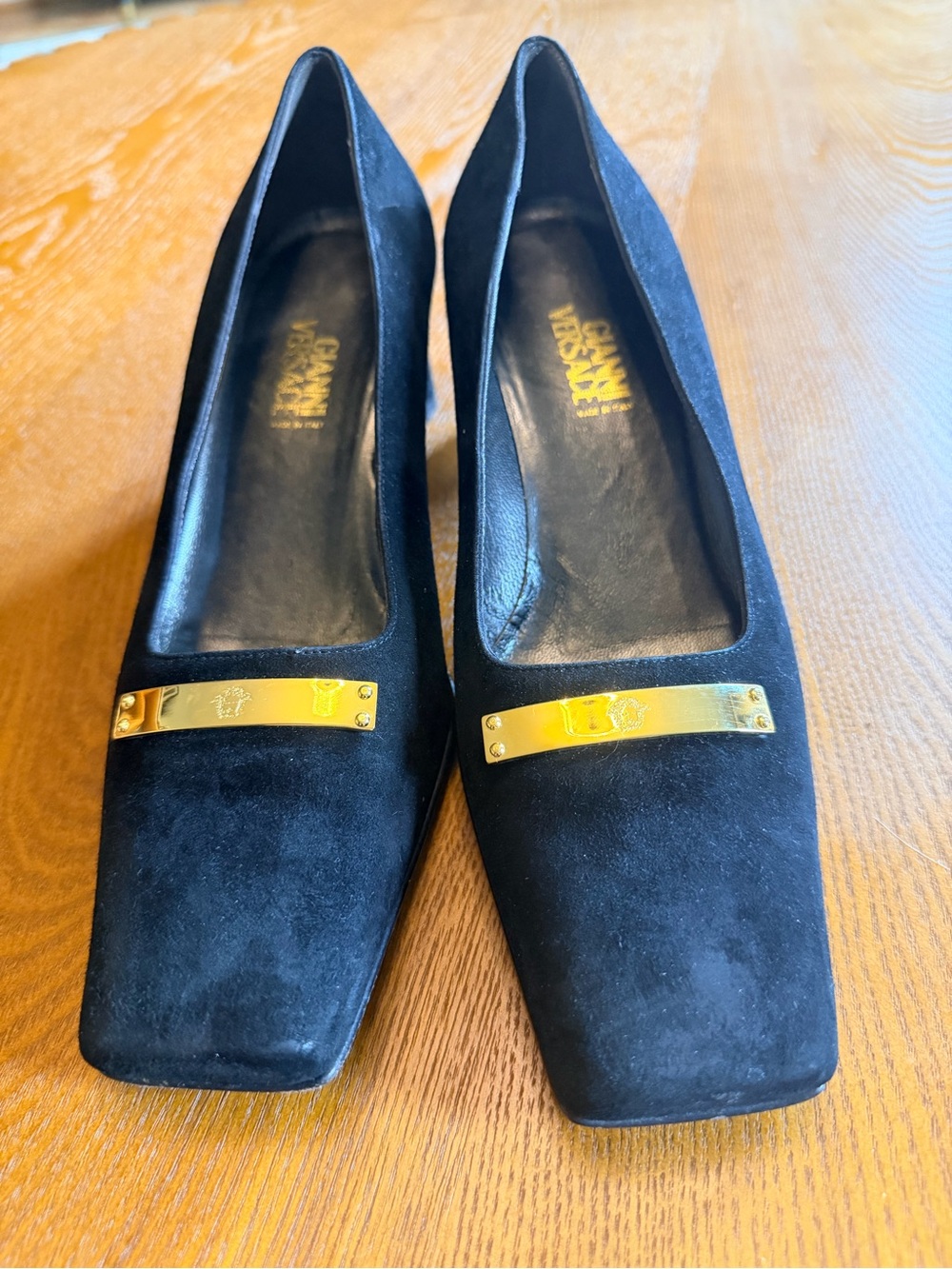 Versace Black Suede Heels with Gold Logo Bar